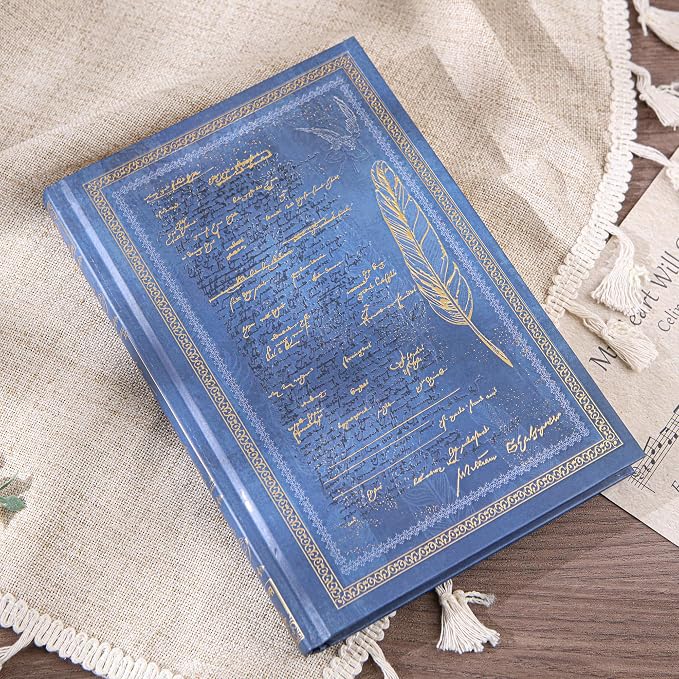 Vintage Hardcover Journal with Gold Foil Embossing, 224 Pages Lined Notebook, 100 GSM Premium Thick Paper, Elegant Feather & Manuscript Design, Aesthetic Diary Gift for Writers, Men & Women, A5 Size