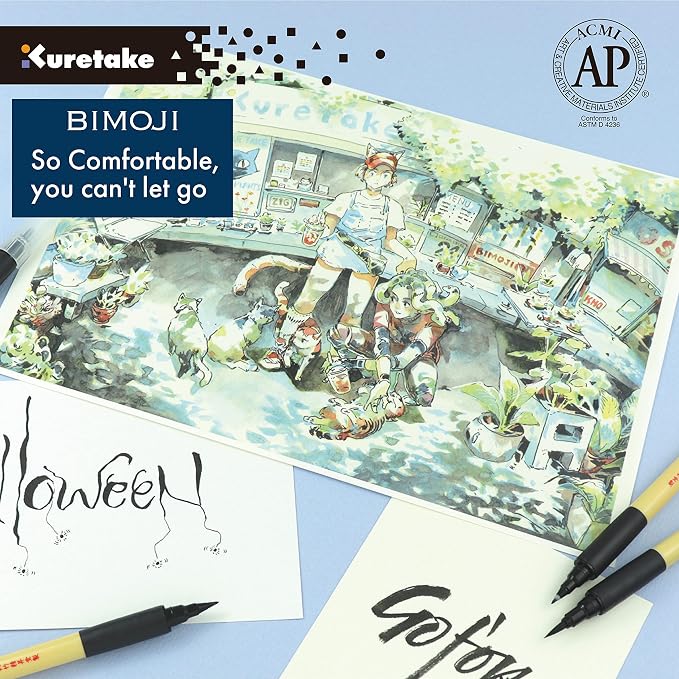 Kuretake Bimoji Brush Pen, 5 pcs set, brush tip marking fude brush pen, for Calligraphy, lettering, illustration, Professional, Made in Japan