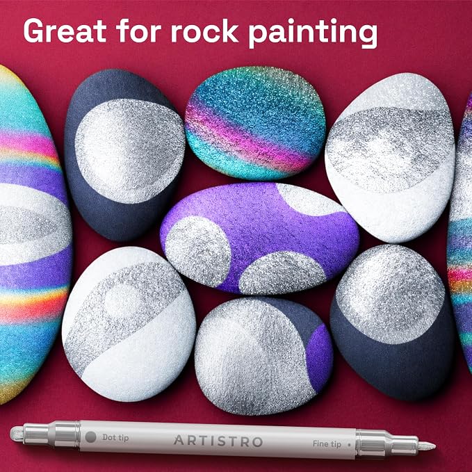 ARTISTRO 5 Silver Dual-Tip Acrylic Paint Markers – Paint Pens Set with Dot & Fine Tips for Fabric, Rock, Glass, Wood, Coloring Books – Arts & Crafts Gift – Classroom Must Haves & School Supplies
