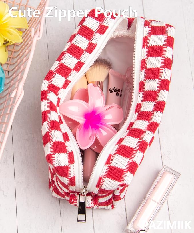 Checkered Makeup Bag for Purse, Small Travel Cosmetic Pouch,Christmas Red | Cute Zipper Makeup Organizer for Women, Travel Essentials, Toiletries, Makeup Brushes, Beauty Accessories&Bridesmaid Gifts