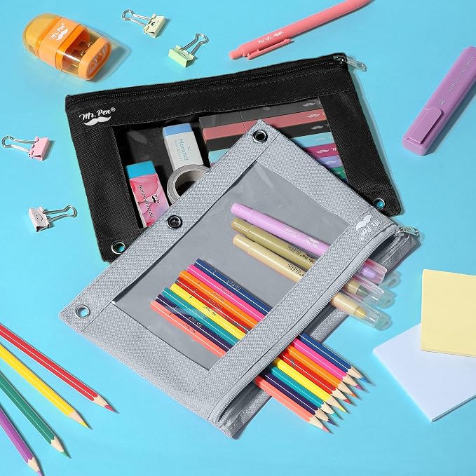 Mr. Pen- Pencil Pouch for 3 Ring Binder, 2 Pack, 10"x6.75", Smooth Zipper | Clear Window, Large Capacity Pencil Case with 3 Reinforced Grommets for School, Office, Supplies Storage | Clear Window, Large Capacity Pencil Case with 3 Reinforced Grommets f...