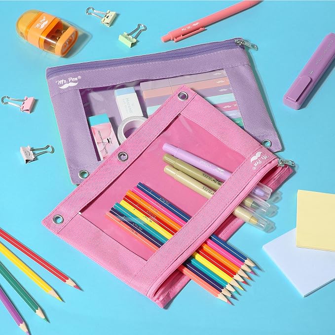 Mr. Pen- Pencil Pouch for 3 Ring Binder, 2 Pack, 10"x6.75", Smooth Zipper | Clear Window, Large Capacity Pencil Case with 3 Reinforced Grommets for School, Office, Supplies Storage | Clear Window, Large Capacity Pencil Case with 3 Reinforced Grommets f...