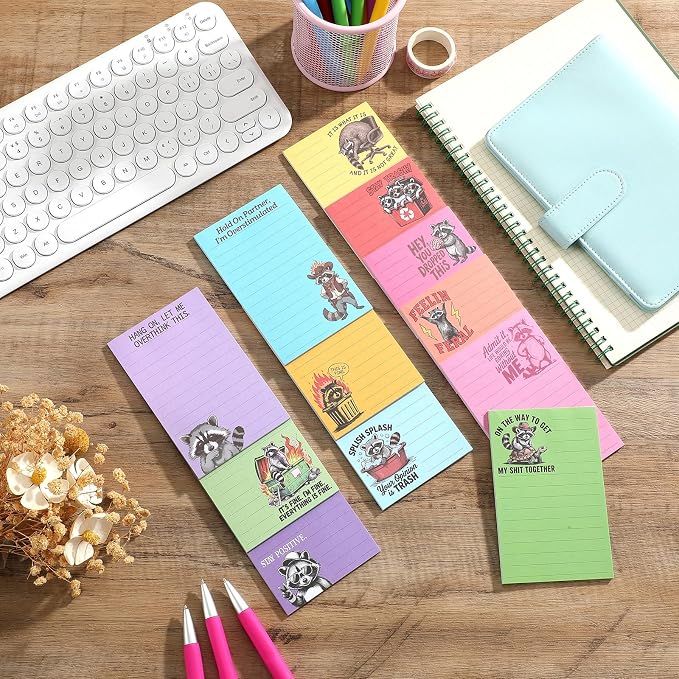 12 Pack Funny Notepads, 5x3 Inches Sarcastic Note Pads Memo Fun Office Gifts for Coworkers Work Women Men Employee Teacher Boss Desk Accessories Gifts(Raccoon,Multicolor)