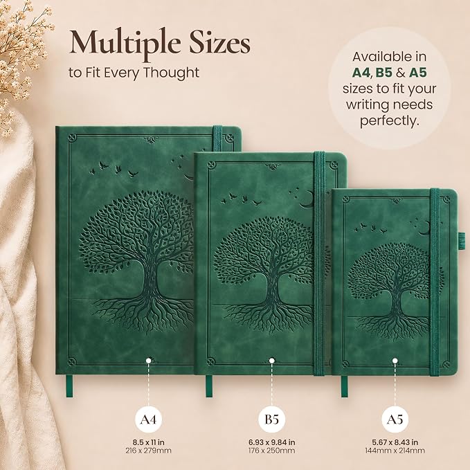Lined Journal Notebook Hardcover Leather Bound 300 Pages A5 Green Diary | College Ruled 5.7x8.4" Journaling Notebooks for Men & Women, Writing for Personal, Thick Travel Daily Note Book Tree of Life
