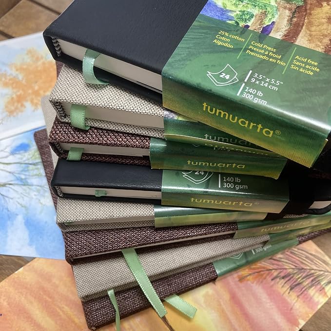 tumuarta Cotton Watercolor Paper Journal Mixed Media Pad On The Go | 3.5x5.5”, 140 LB, 300 GSM, Cotton Paper, Cold Press, 24 Sheets, Watercolor Sketchbooks for Use As Travel Drawing Book
