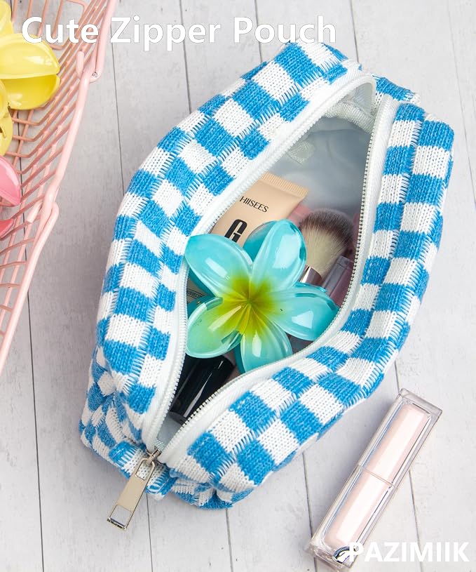 Checkered Makeup Bag for Purse, Small Travel Cosmetic Pouch,Sky Blue | Cute Zipper Makeup Organizer for Women, Travel Essentials, Toiletries, Makeup Brushes, Beauty Accessories&Bridesmaid Gifts