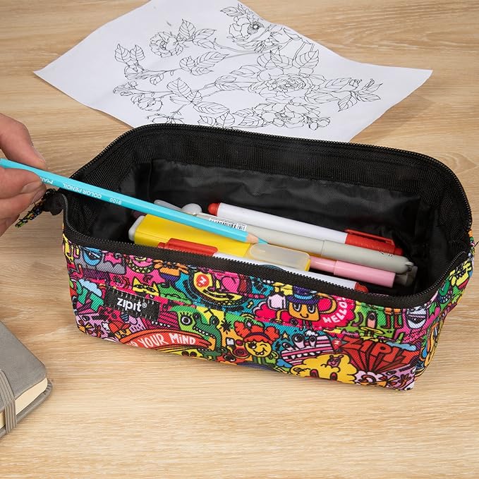 ZIPIT: Lenny Pencil Case - Doodles - Large Storage Capacity Zipper Pouch, Makeup-Stationery Bag, School-Travel, Washable Polyester, Kids-Teens-Adults