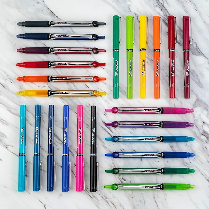 Pilot Precise V5 Refillable Liquid Ink Rolling Ball Refillable Pens, Extra Fine Point (0.5mm) Assorted Ink Pens, 12-Pack