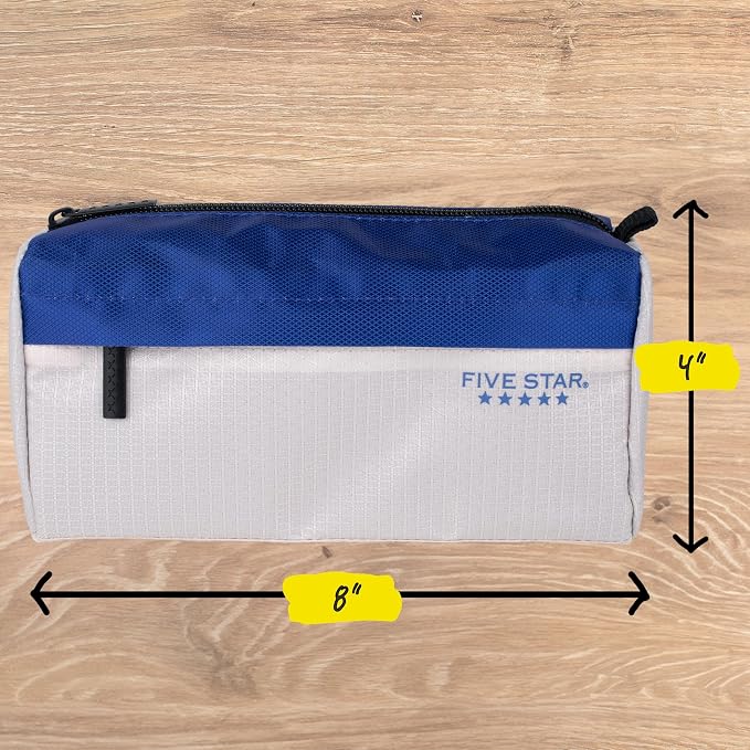 Five Star Pencil Pouch 9-Pocket Zipper Storage Organizer Case for Office Supplies Earbuds Chargers Cables Makeup, Tan/Blue (505600C)