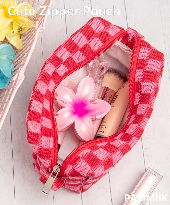 Checkered Makeup Bag for Purse, Small Travel Cosmetic Pouch,Red Pink | Cute Zipper Makeup Organizer for Women, Travel Essentials, Toiletries, Makeup Brushes, Beauty Accessories&Bridesmaid Gifts
