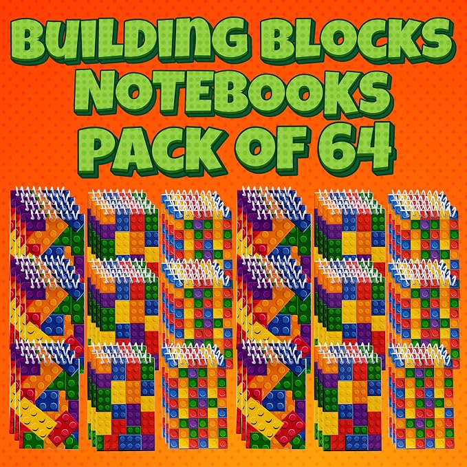 Mini Building Block Notebooks (Bulk of 64) Spiral Notepads In Assorted Brick Styles, Mini Notebook For Kids Pocket Size, For Birthday Party Favors, Goodie Bag Stuffers, Children Classroom Rewards