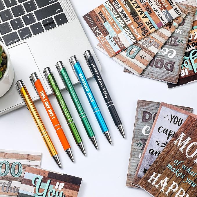 Geyee 24 Pcs Mini Motivational Pens Inspirational Notepads Bulk Appreciation Gifts Small Journals Funny Ballpoint Pen Set Prizes Men Women Office Travel Party Favors(Retro)