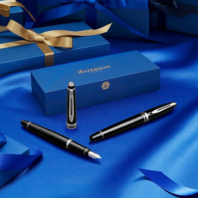 Waterman Expert Fountain Pen, Gloss Black with 23k Gold Trim, Fine Nib, Includes Gift Box - Luxury Writing