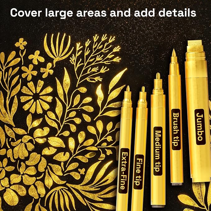 ARTISTRO Gold Paint Pens - Various Tips - Set of 5 | Acrylic Paint Markers, Water-Based, For Rock, Glass, Ceramic, Wood, Tire, Fabric, Metal, Canvas, Marking, Painting