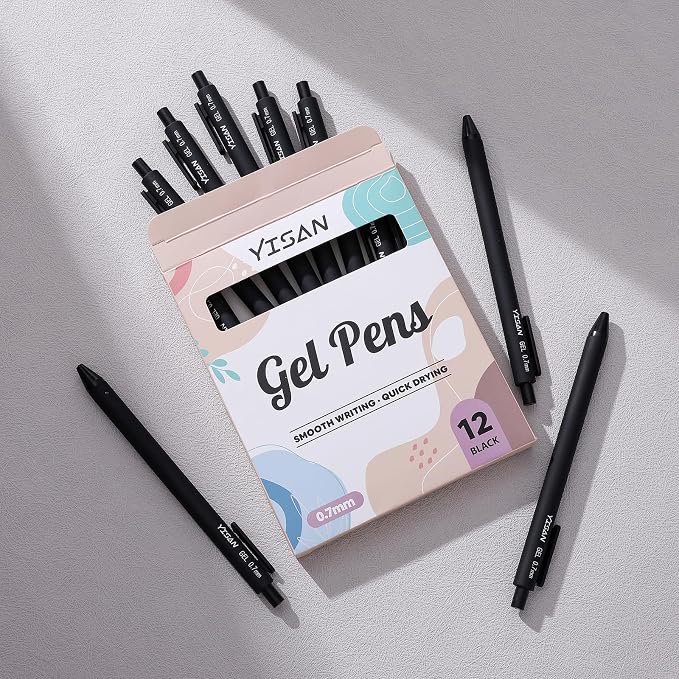 YISAN Black Gel Pens, 12 Pack, 0.7mm Bullet Tip | Retractable, Fast Dry, Smooth Writing, For Journaling and Note Taking, 71051