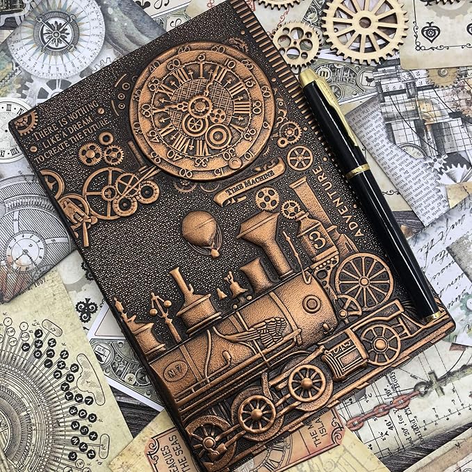Vintage 3D Embossed Leather Writing Journal with Diamond Pen Set,A5,200Pages,Antique Handmade Daily Notepad Sketchbook,Travel Diary&Notebook to Write in,for Women Men (Train-(RedBronze))