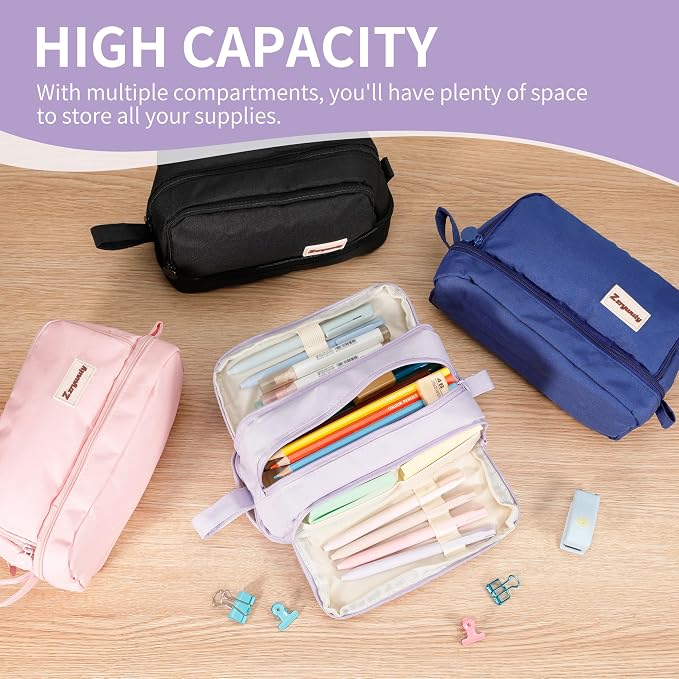 Zzrywuty Large Capacity Pen Pencil Case Multi-Slot Pencil Pouch Bag,Black Pencil Case Large 4 Compartments,Organizer Marker Pouch Pen for Office College School Teen Girl Boy Men Women