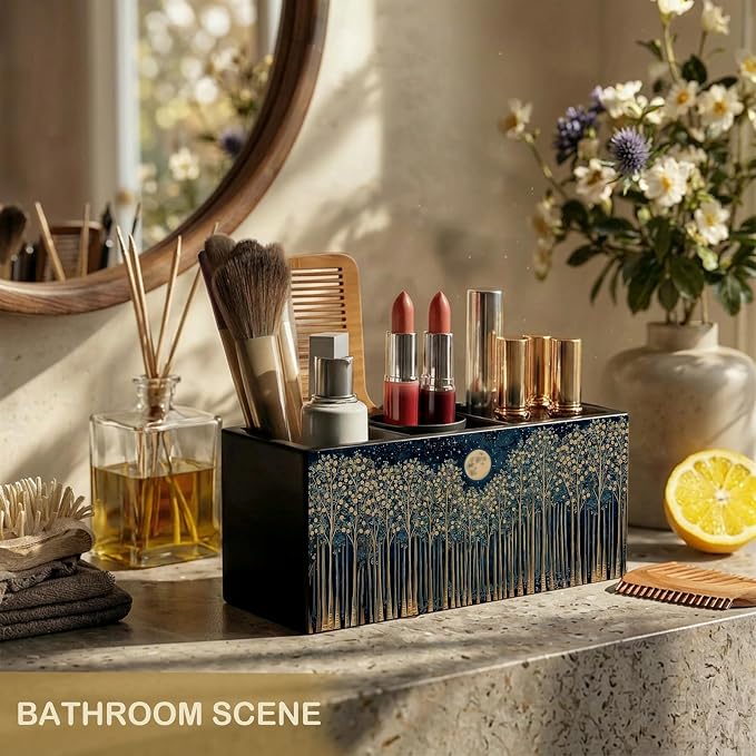 Rustic Night Moon Forest William Morris Inspired Wooden Pencil Pen Holder for Desk Organizers and Accessories, Vintage Nature Botanical Makeup Brush Holder Organizer for Bathroom Vanity