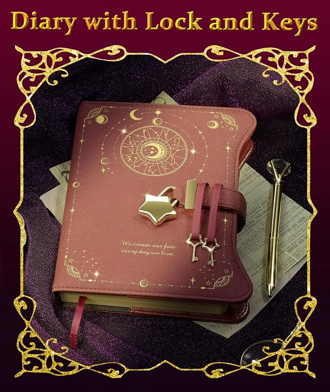 Hoci Poci Diary with Lock and Keys for Girls Gift Ideas, 360 Pages Journal | Elegant Gift Box for Teen Girls, B6 Kraft Pages Refillable Notebook with Pen and Bookmark for Writing, Astro Red