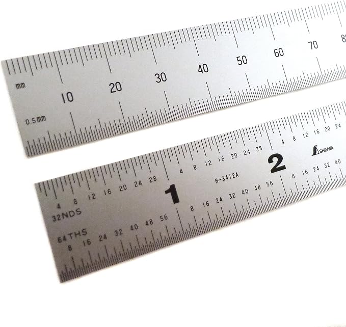 Shinwa 12" 300 mm English Metric Rigid (1.250 wide x .040 thick) Zero Glare Satin Chrome Stainless Steel E/M Machinist Engineer Ruler/Rule with Graduations in 1/64, 1/32, mm and .5mm Model H-3412C