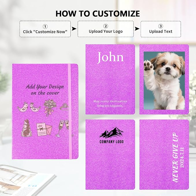 Custom Notebook and Pen Set - Personalized Cover with Logo/Text/Photo, Glitter Design & Rose Gold Accents, Customizable Journal with Matching Pen for Gifts/Office/School, Make It Unique, RoseRed