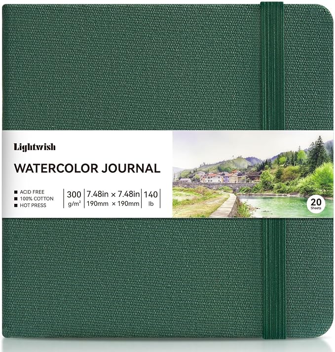Watercolor Journal - 100% Cotton Hot Press Paper | 20 Sheets 40 Pages | 300GSM (140lb) | Linen Cotton Cover Watercolor Sketch Books for Artists Painting,Mixed Media 7.48 x 7.48 in