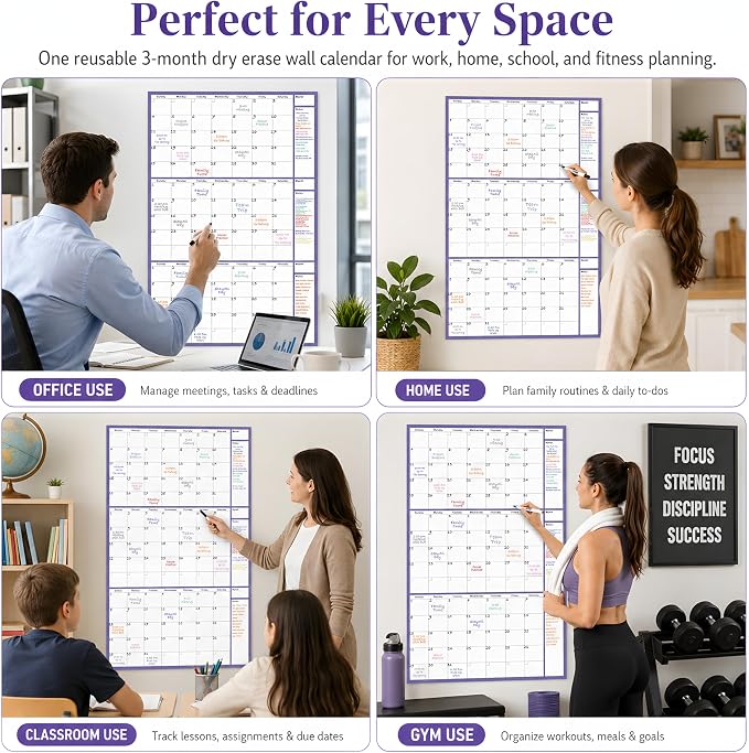 Dry Erase Calendar for Wall 24x36in Undated 3 Month Celendar with 4 Markers | Purple Layout Reusable PET Erasable Surface, Large 3-Month View, Easy to Write and Wipe Clean