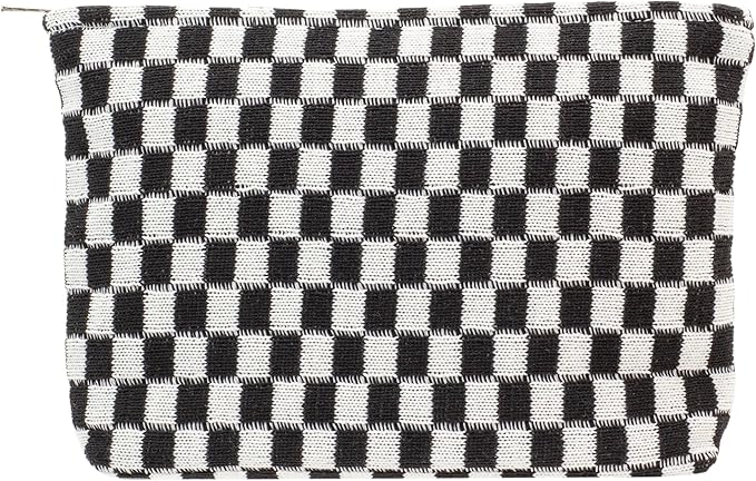 PAZIMIIK Checkered Makeup Bag for Purse, Small Flat Cosmetic Pouch,Black | Cute Zipper Makeup Organizer for Women, Travel Essentials, Toiletries, Makeup Brushes, Beauty Accessories&Bridesmaid Gifts