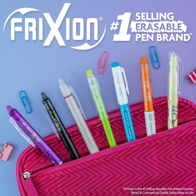 Pilot FriXion Clicker Erasable, Refillable & Retractable Gel Ink Pens Fine Point, Erasable Pens, Fine Tip 0.7mm, 7 Count (Pack of 1) Pouch