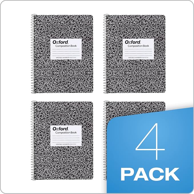 Oxford Spiral Composition Notebooks, Wide Ruled Paper, 9-3/4 x 7-1/2 Inches, 80 Sheets, Black Marble Cover (64950), 4 Count (Pack of 6)
