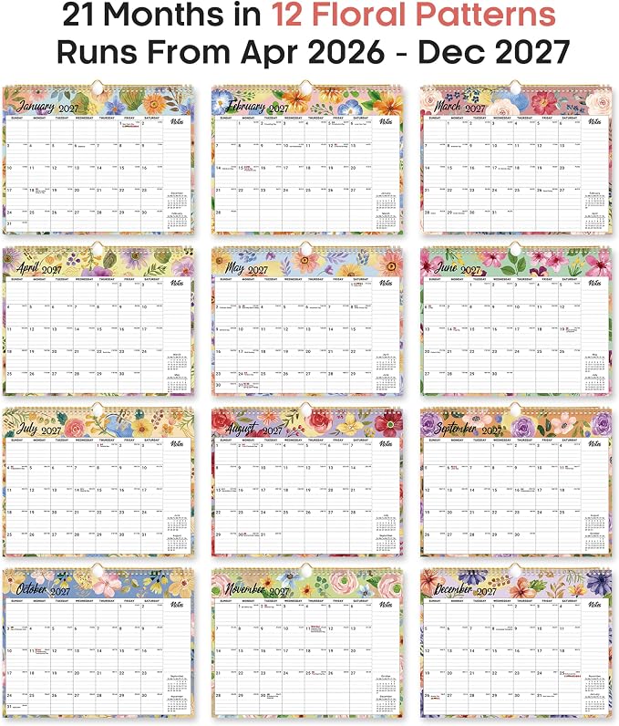 Calendar 2026-2027, Monthly Wall Calendar from April 2026 to December 2027, 11.5" x 14.7", Spiral Binding Hanging Wall Calendar, Perfect for Home or Office,Botanic Whimsy