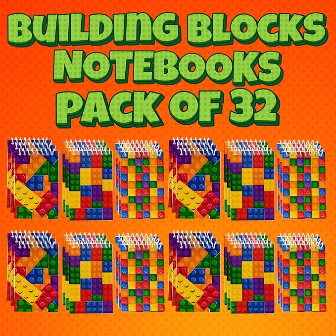 Bedwina Mini Building Block Notebooks (Bulk of 32) Spiral Notepads In Assorted Brick Styles, Mini Notebook for Kids Pocket Size for Birthday Party Favors, Classrooms or Goodie Bag Stuffers