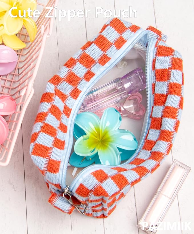 Checkered Makeup Bag for Purse, Small Travel Cosmetic Pouch,Orange Blue | Cute Zipper Makeup Organizer for Women, Travel Essentials, Toiletries, Makeup Brushes, Beauty Accessories&Bridesmaid Gifts