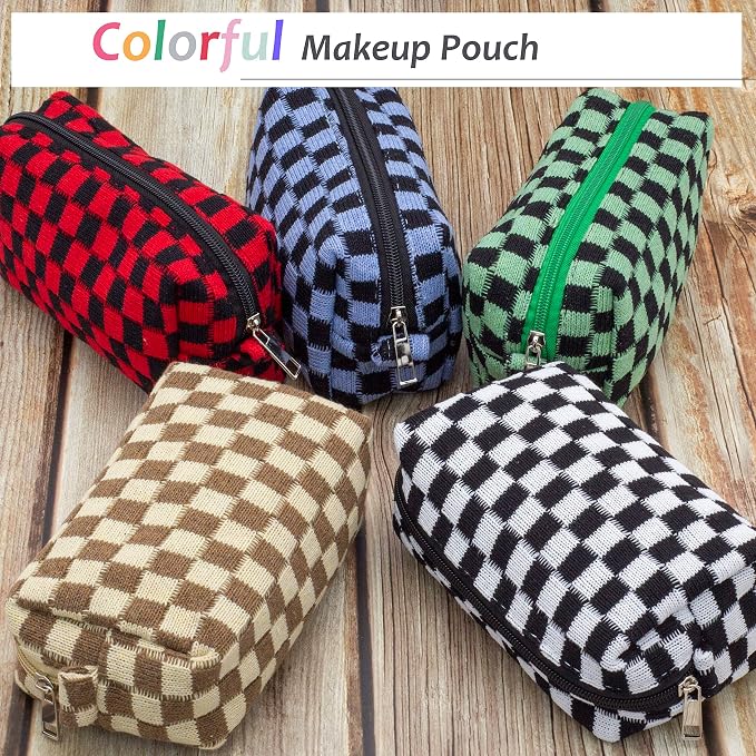 Checkered Makeup Bag for Purse, Small Cosmetic Pouch,Black Coffee,2 Pack | Cute Zipper Makeup Organizer for Women, Travel Essentials, Toiletries, Makeup Brushes, Beauty Accessories&Bridesmaid Gifts