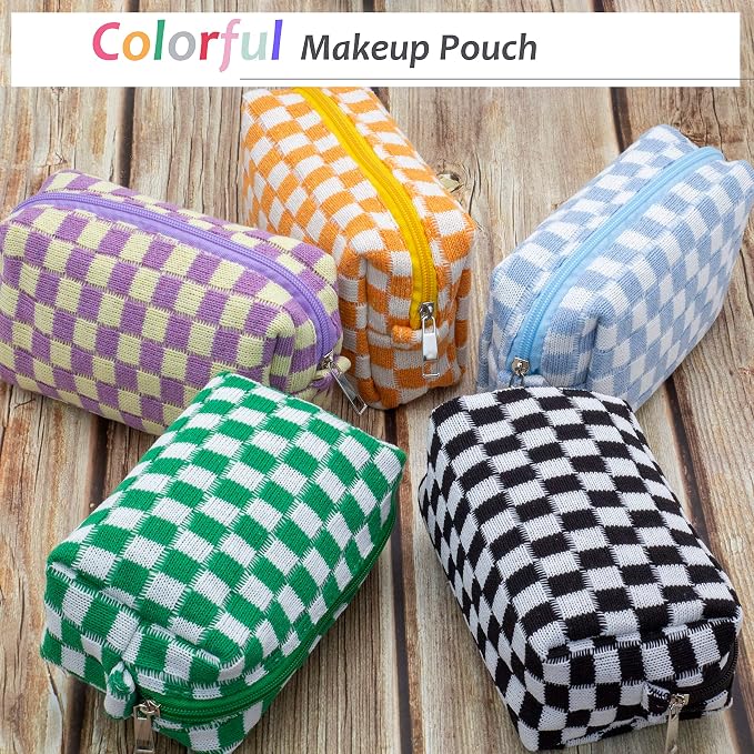 Checkered Makeup Bag for Purse, Small Cosmetic Pouch,Black Green,2 Pack | Cute Zipper Makeup Organizer for Women, Travel Essentials, Toiletries, Makeup Brushes, Beauty Accessories&Bridesmaid Gifts