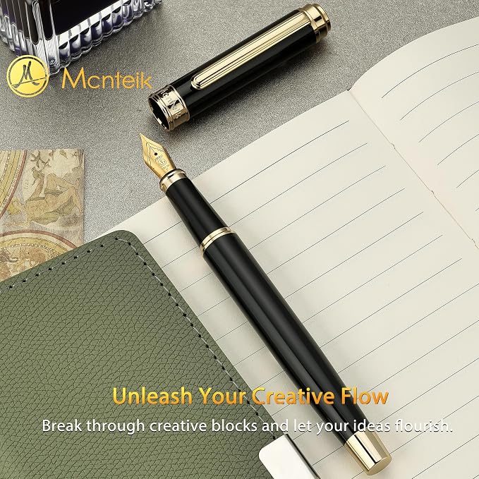 MCNTEIK 317 Fountain Pen,Stunning Luxury Black Piano Lacquer,18K Gilded Nib(Fine),Gorgeous 24K Gold Finish, Ink Converter,Fancy Gift for Men&Women-Elegant,Executive,Office,Nice Pens for Writing