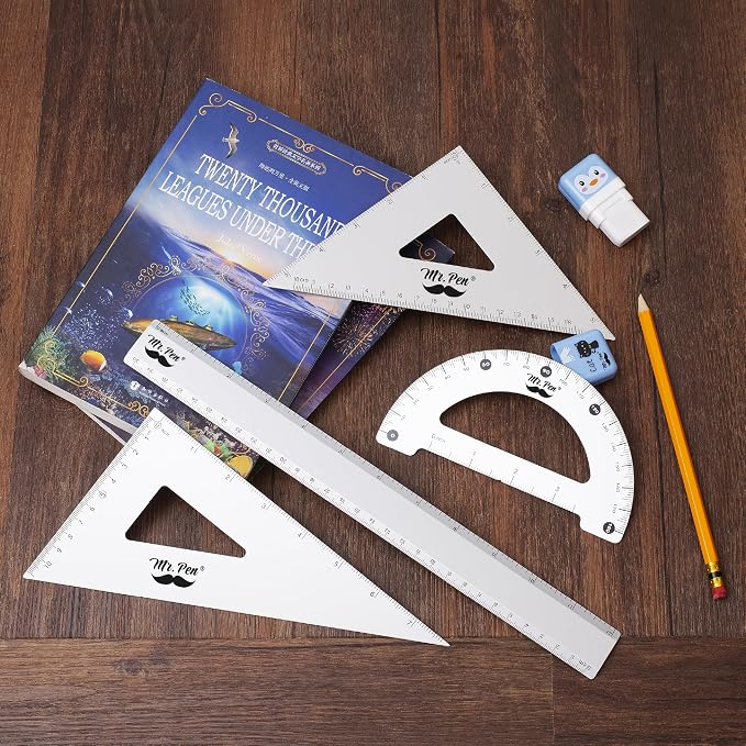 Mr. Pen- Metal Geometry Kit, 4 Pack, 45° & 30°/60° Set Squares | 6" Protractor & 12" Ruler, Durable Metal Drafting Tools for Technical Drawing, Math, Engineering & Architecture