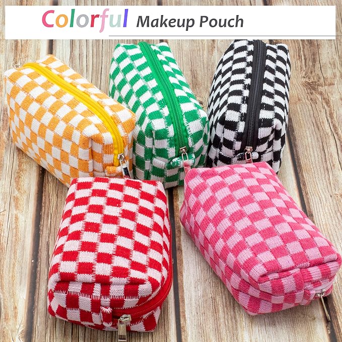 Checkered Makeup Bag for Purse, Small Travel Cosmetic Pouch,Red,6 Pack | Cute Zipper Makeup Organizer for Women, Travel Essentials, Toiletries, Makeup Brushes, Beauty Accessories&Bridesmaid Gifts