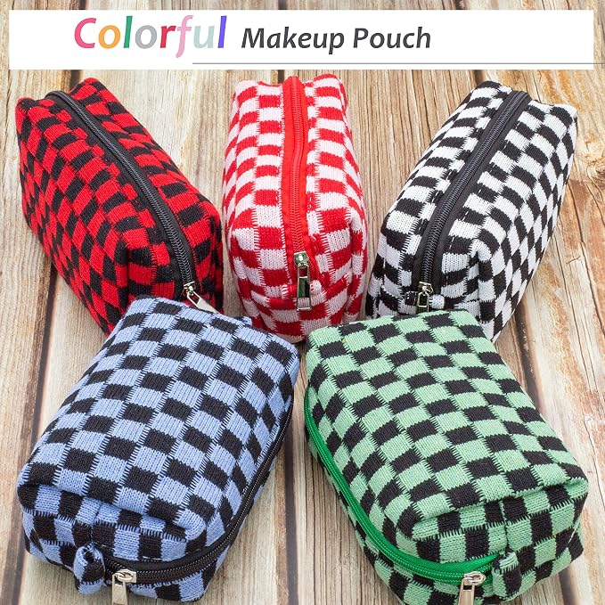 Checkered Makeup Bag for Purse, Small Cosmetic Pouch,Green Blue,2 Pack | Cute Zipper Makeup Organizer for Women, Travel Essentials, Toiletries, Makeup Brushes, Beauty Accessories&Bridesmaid Gifts