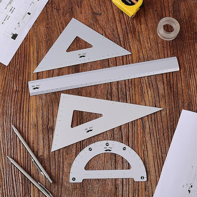 Mr. Pen- Metal Geometry Kit, 4 Pack, 45° & 30°/60° Set Squares | 6" Protractor & 12" Ruler, Durable Metal Drafting Tools for Technical Drawing, Math, Engineering & Architecture