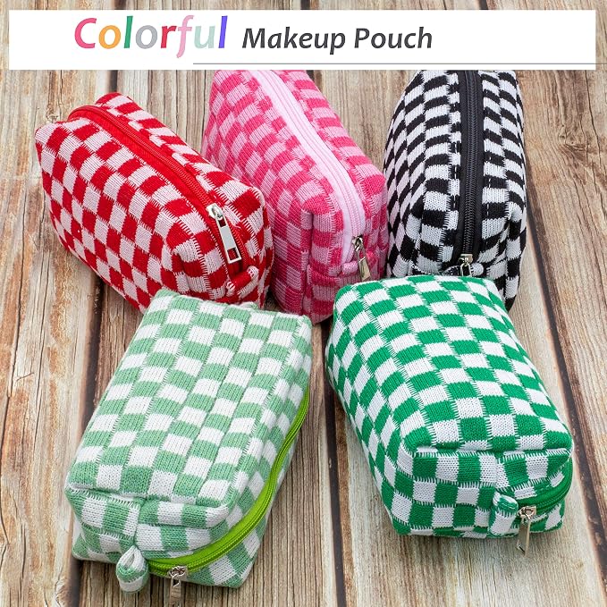 Checkered Makeup Bag for Purse, Small Cosmetic Pouch,Blue Green,2 Pack | Cute Zipper Makeup Organizer for Women, Travel Essentials, Toiletries, Makeup Brushes, Beauty Accessories&Bridesmaid Gifts