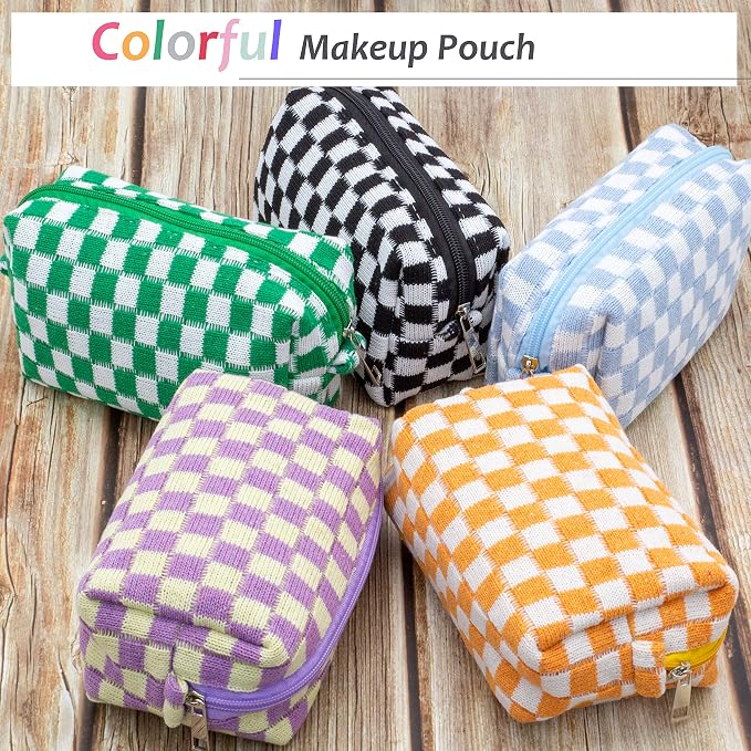 Checkered Makeup Bag for Purse, Small Travel Cosmetic Pouch,Orange,2 Pack | Cute Zipper Makeup Organizer for Women, Travel Essentials, Toiletries, Makeup Brushes, Beauty Accessories&Bridesmaid Gifts