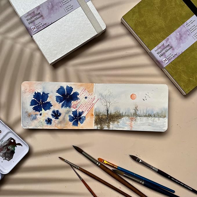 Landscape Watercolor Paper Sketchbook, 140 LB, 100% Cotton, Cold Press | 300 GSM, 5x7.5", 24 Sheets, 48 Pages, tumuarta Watercolor Journal For Use As Travel Sketch book and Mixed Media Pad On The Go