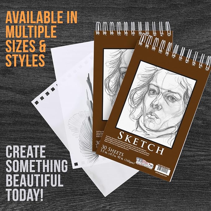 U.S. Art Supply 5.5”x8.5 Premium Heavy-Weight Paper Spiral Bound Sketch Book: 90 Pound (160gsm), 30-Sheet Drawing Pad (2 Pack)