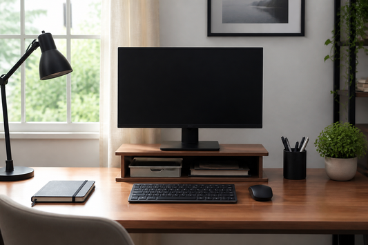 Organized small desk with a clear central workspace and storage moved upward