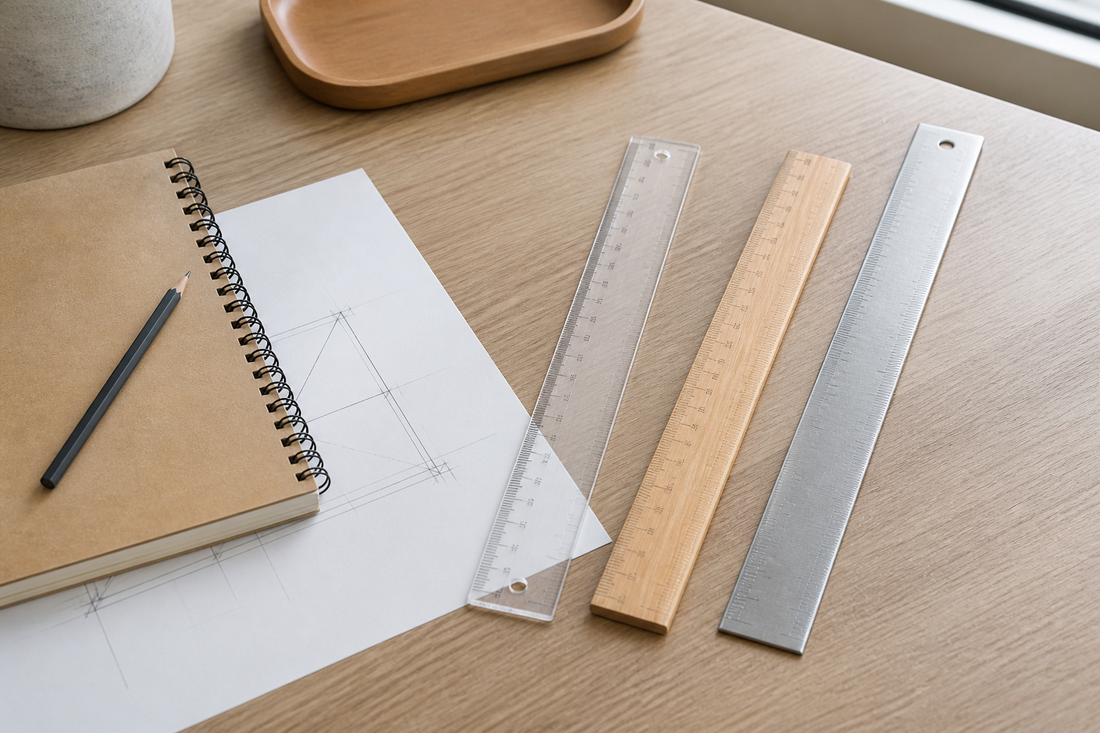 Several rulers of different lengths and materials arranged with a pencil, notebook, and simple geometric drawing on a desk
