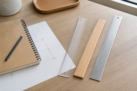 Several rulers of different lengths and materials arranged with a pencil, notebook, and simple geometric drawing on a desk