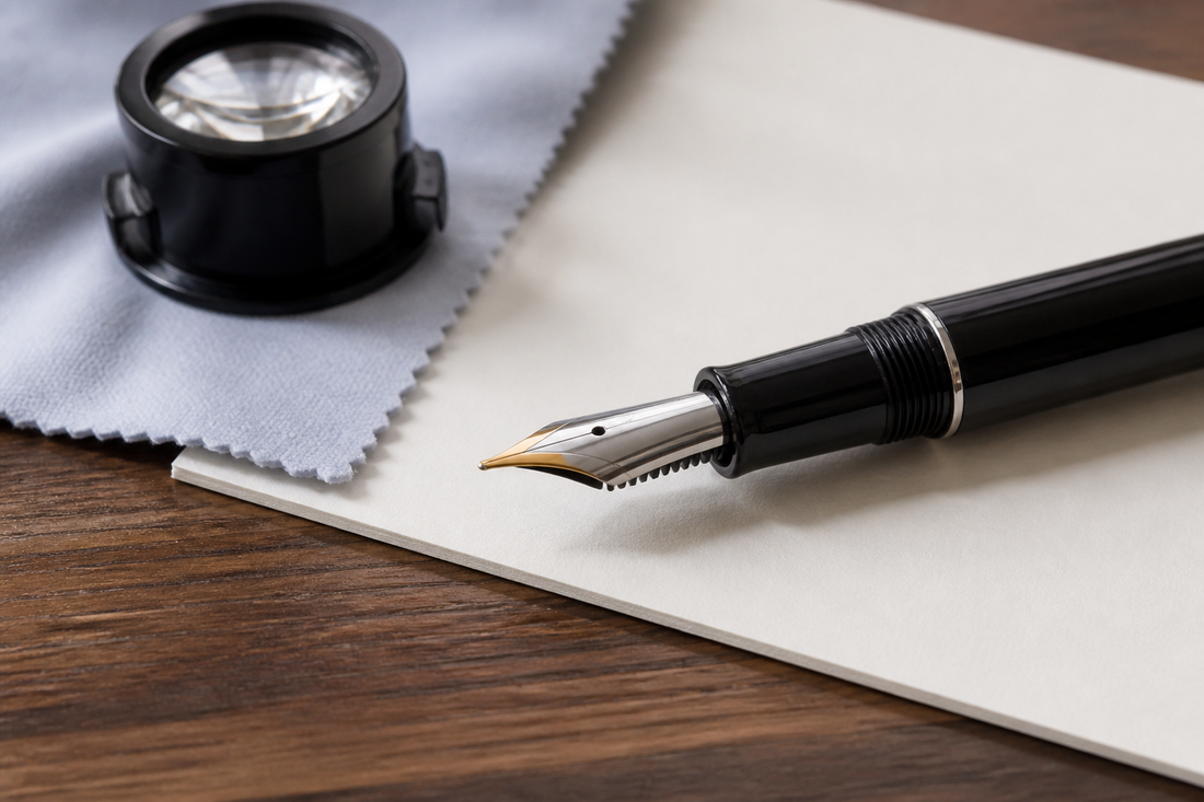 Fountain pen nib and feed being examined with a loupe on a clean, well-lit work surface