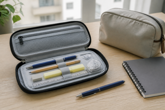 Open organized pencil case with frequently used writing and marking supplies arranged for school, work, and travel