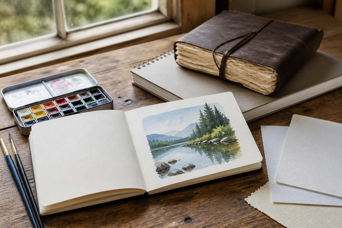 Open watercolor sketchbook beside alternative sketchbooks and paper samples on an artist’s table